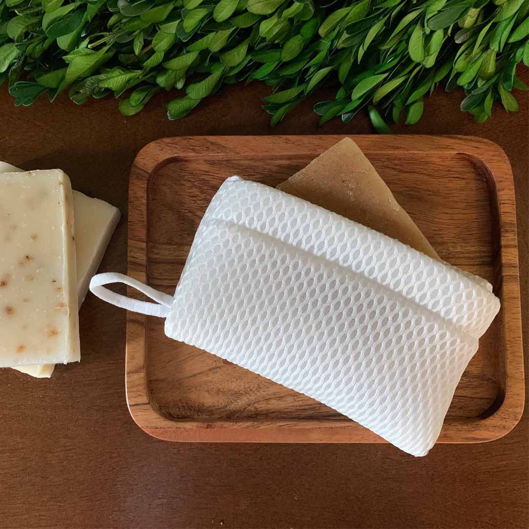 100% Recycled & Made in North America - Soap Saver Pouch for bar soap, Loofah Bath Scrubber for Bar Soap + Gentle Exfoliator