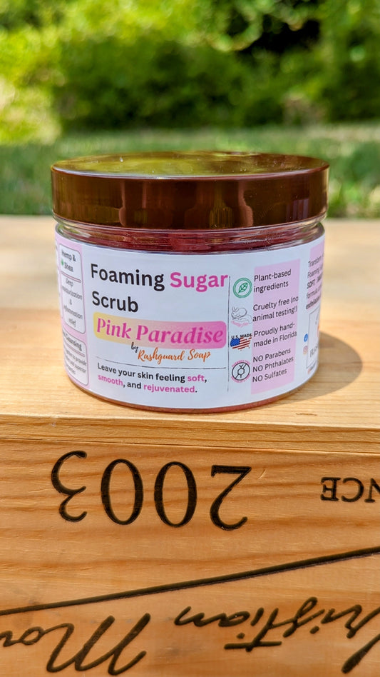 Pink Paradise Foaming Sugar Scrub Emulsified Hemp Shea Butter Exfoliation Moisturizing Natural Plant Based Ingredients Vitimin E