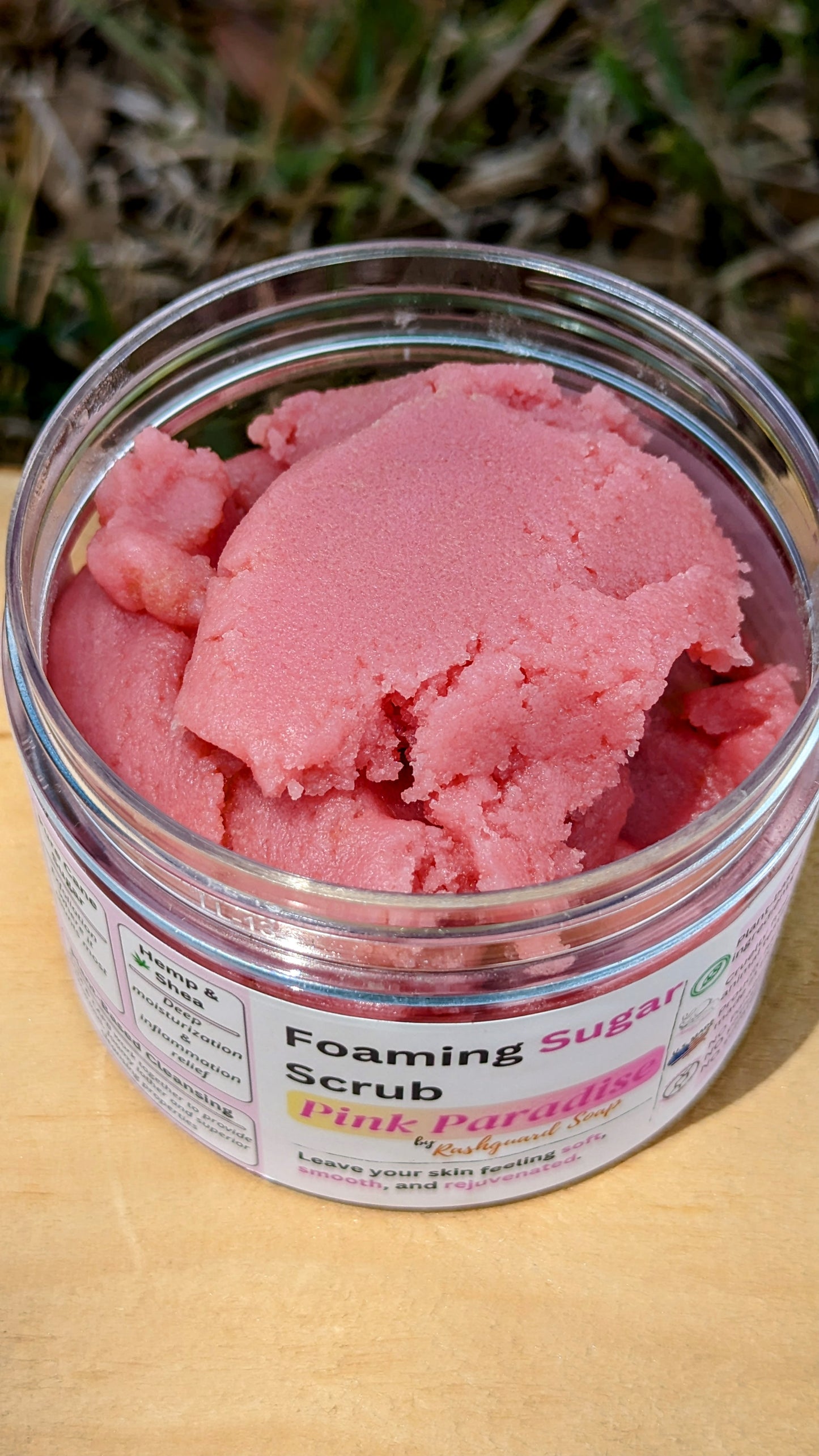 Pink Paradise Foaming Sugar Scrub Emulsified Hemp Shea Butter Exfoliation Moisturizing Natural Plant Based Ingredients Vitimin E