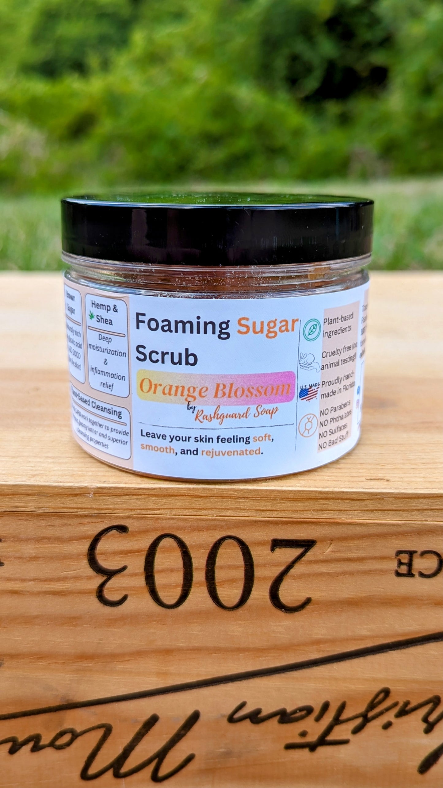 Orange Blossom Foaming Sugar Scrub Emulsified Hemp Shea Butter Exfoliation Moisturizing Natural Plant Based Ingredients Vitimin E