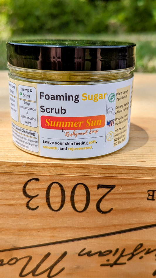 Summer Sun Foaming Sugar Scrub Emulsified Hemp Shea Butter Exfoliation Moisturizing Natural Plant Based Ingredients Vitimin E